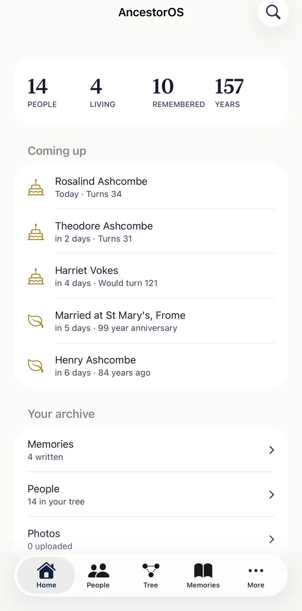 The app home screen, listing upcoming birthdays and anniversaries