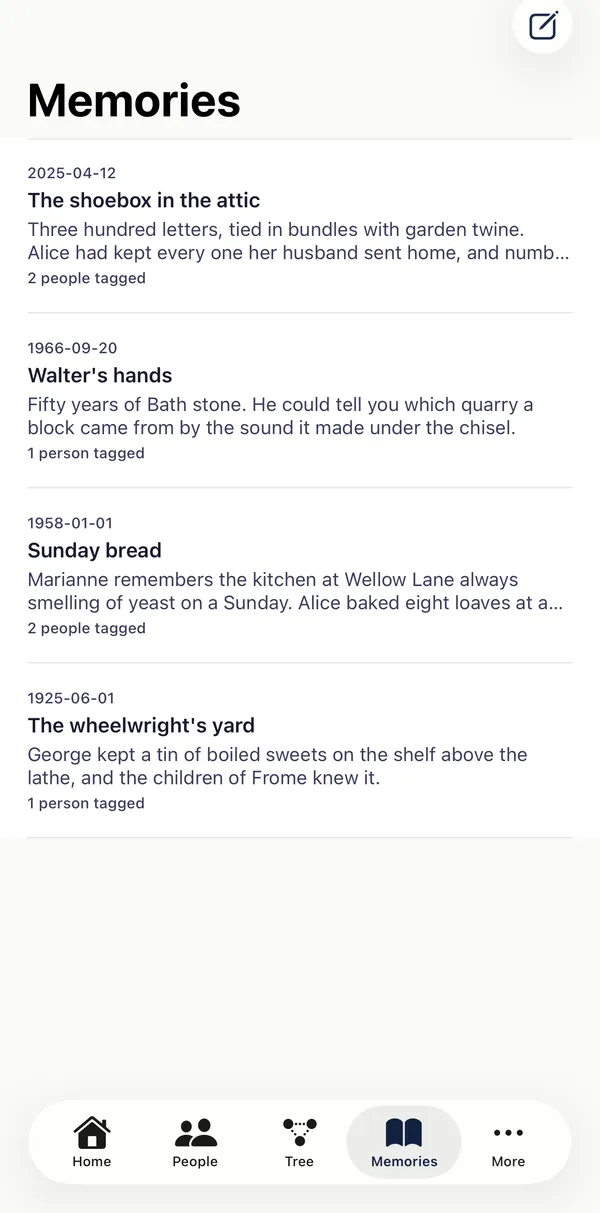 A list of family memories in the app, including a shoebox of letters and a story about Sunday bread