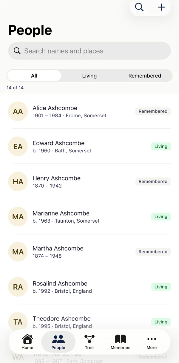 The people list in the app, with living and remembered family members