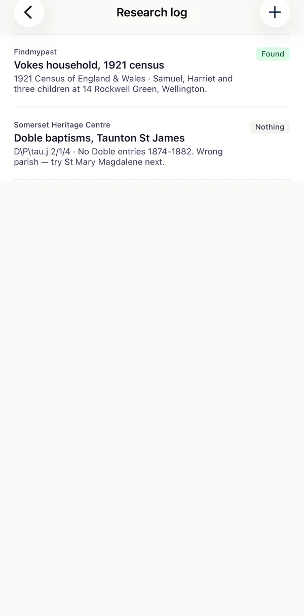 The research log in the app, with one search marked found and one marked nothing
